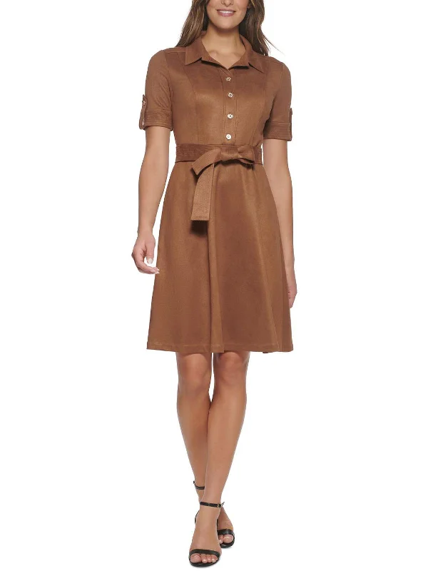 Womens Faux Suede Short Sleeves Shirtdress