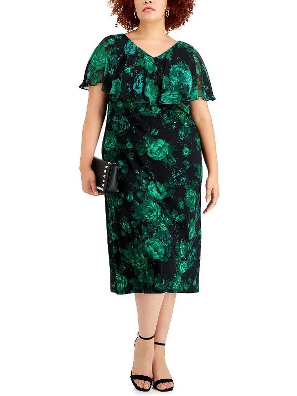 Plus Womens Floral Popover Midi Dress