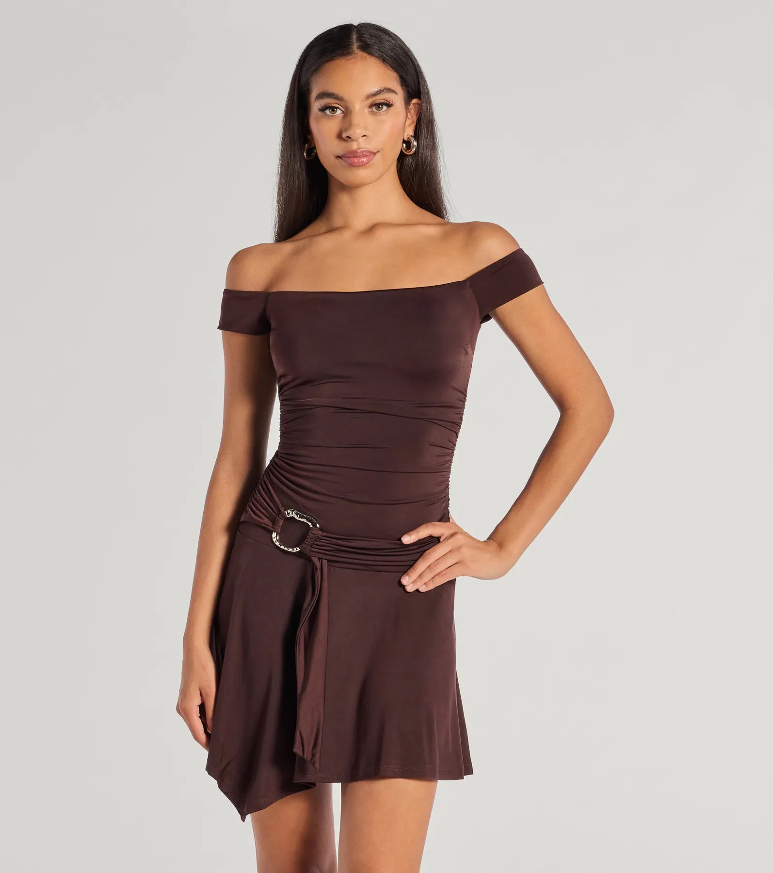 Trendy Fab Off-The-Shoulder Belted Mini Dress