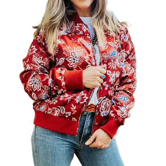 Hooey Ladies Red Floral Printed Bomber Jacket HJ107RD