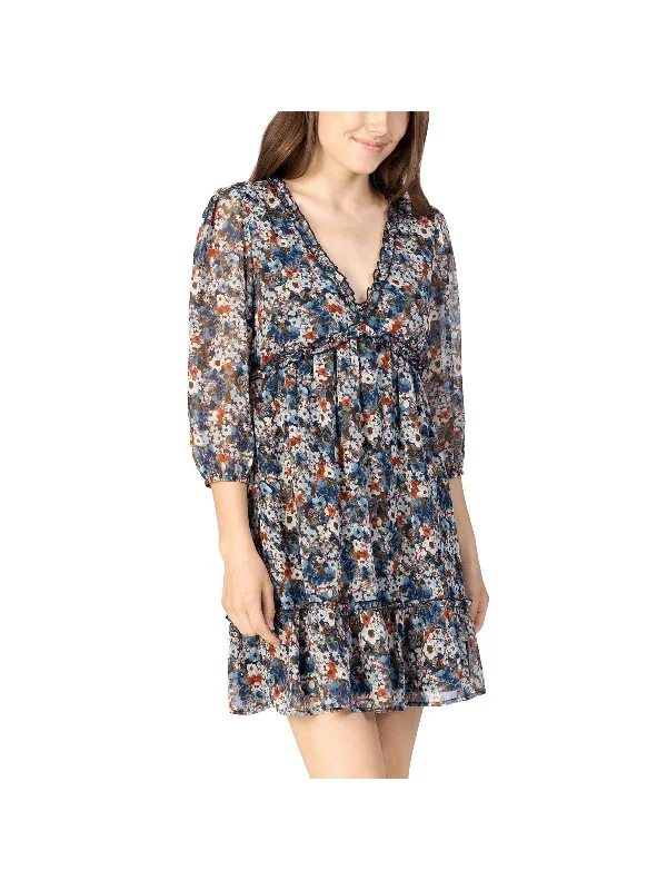 Juniors Womens Floral Babydoll Mini Dress