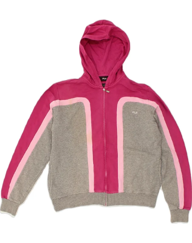 FILA Womens Zip Hoodie Sweater UK 16 Large Pink Colourblock Cotton