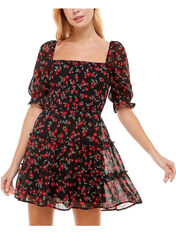 Juniors Womens Floral Print Above Kee Fit & Flare Dress