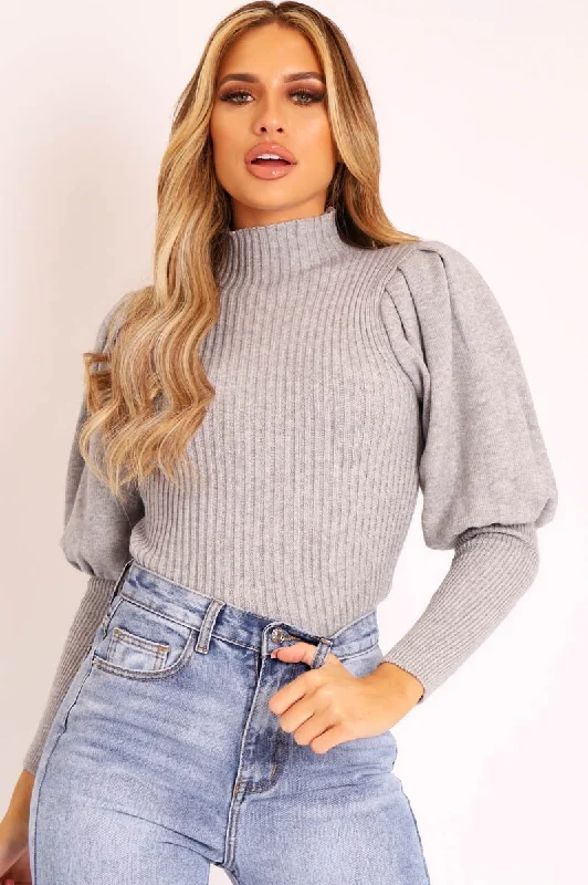 Grey High Neck Balloon Sleeve Jumper - Harriet