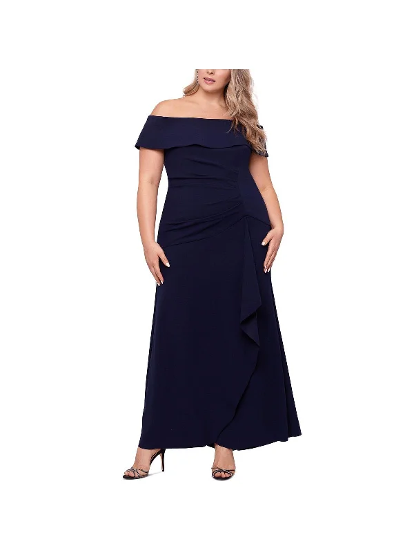 Plus Womens Off-The-Shoulder Ruffled Evening Dress