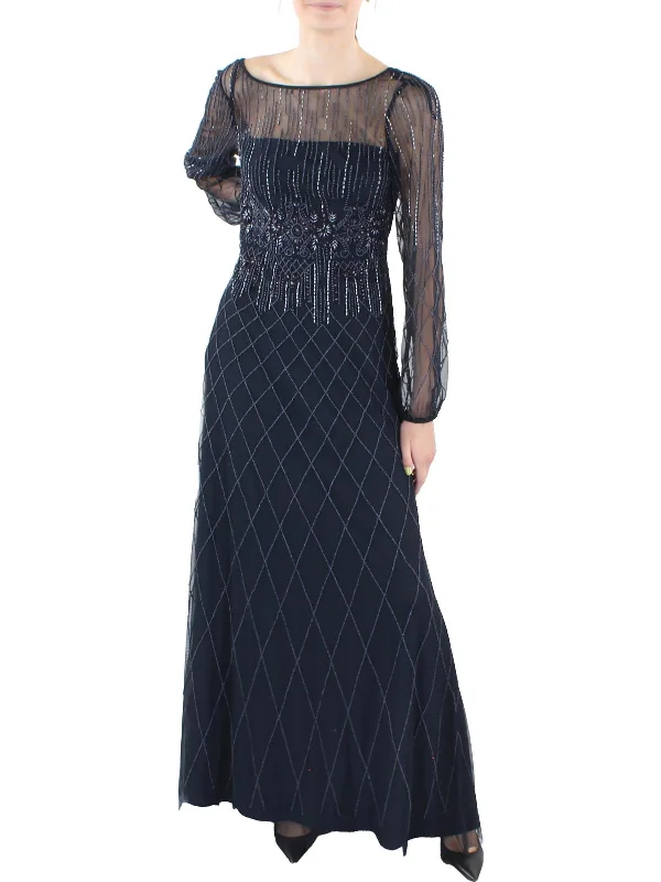 Womens Beaded Illusion Evening Dress