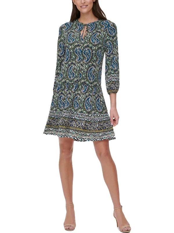 Womens Printed Tie Neck Shift Dress