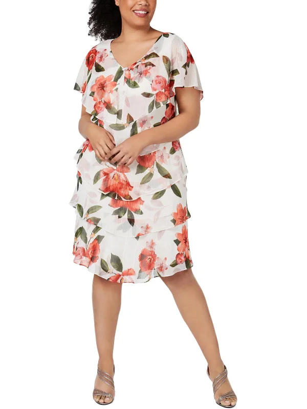 Plus Womens Floral Tiered Cocktail Dress