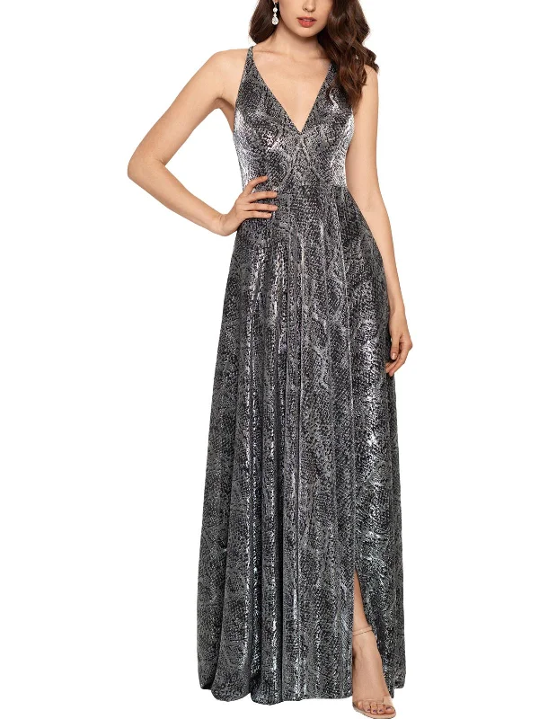 Womens Metallic Faux Wrap Evening Dress