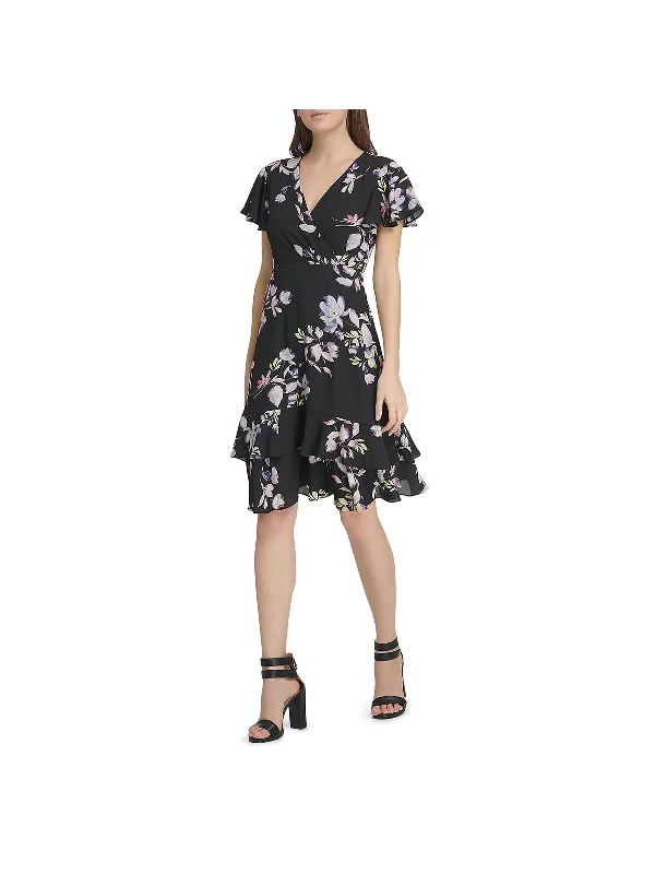 Womens Floral Ruffle Hem Cocktail Dress