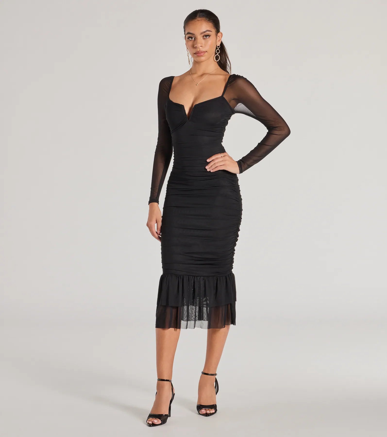 Elegant Ruched And Ruffled Mesh Midi Dress