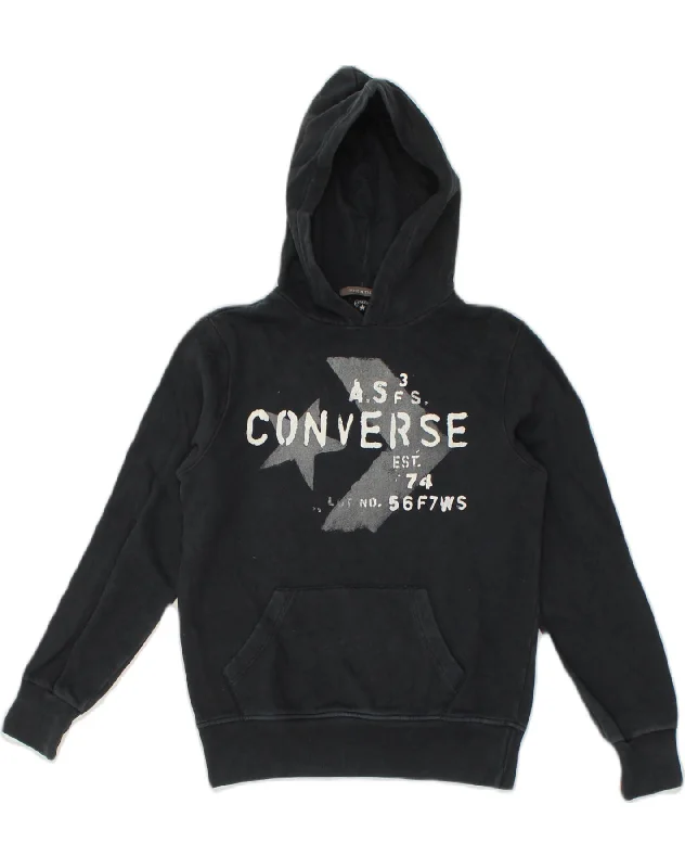 CONVERSE Womens Graphic Hoodie Jumper UK 12 Medium Navy Blue Cotton