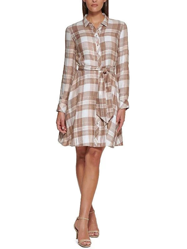 Womens Metallic Plaid Shirtdress