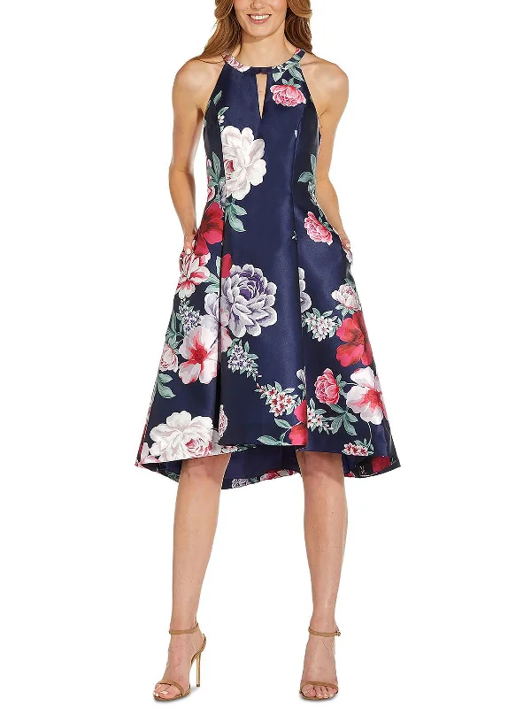 Womens Floral Satin Midi Fit & Flare Dress