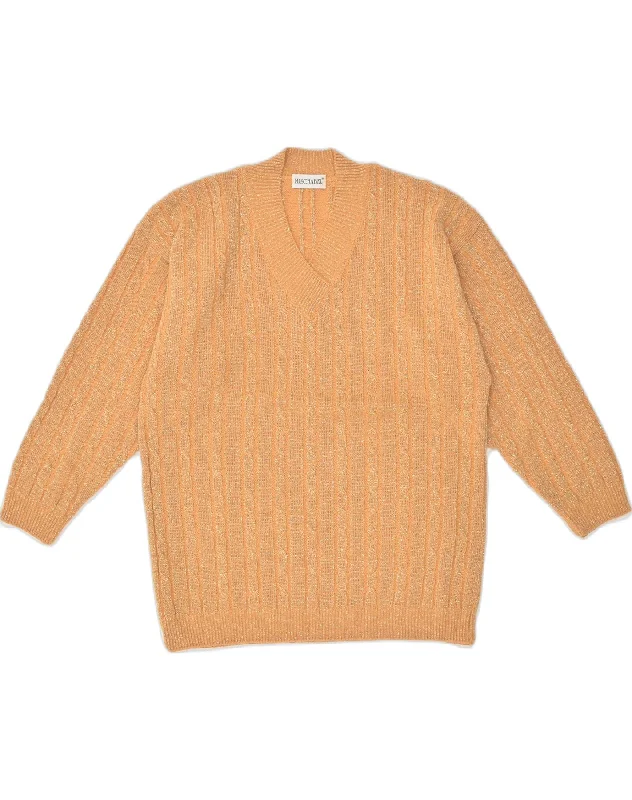 VINTAGE Womens V-Neck Jumper Sweater UK 16 Large Orange Acrylic