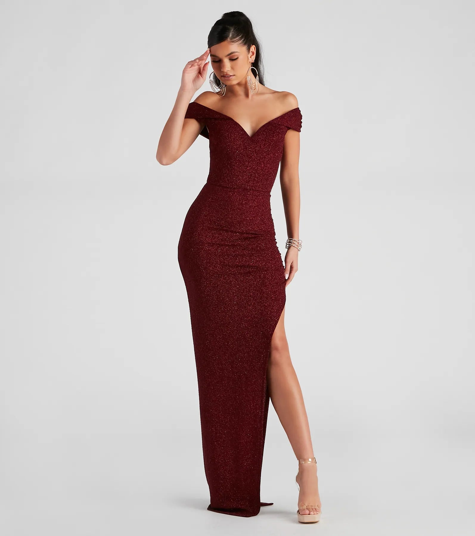 Elianna Off-The-Shoulder Glitter Formal Dress