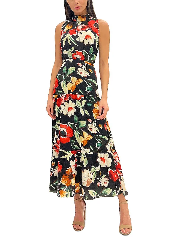 Womens Floral Print Tie-Neck Midi Bodycon Dress