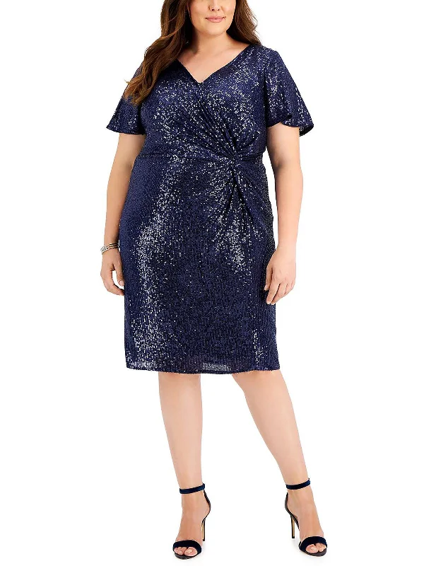 Plus Womens Sequined V-Nck Cocktail and Party Dress