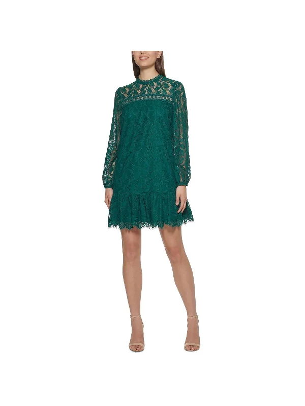 Womens Lace Puff Sleeve Mini Dress