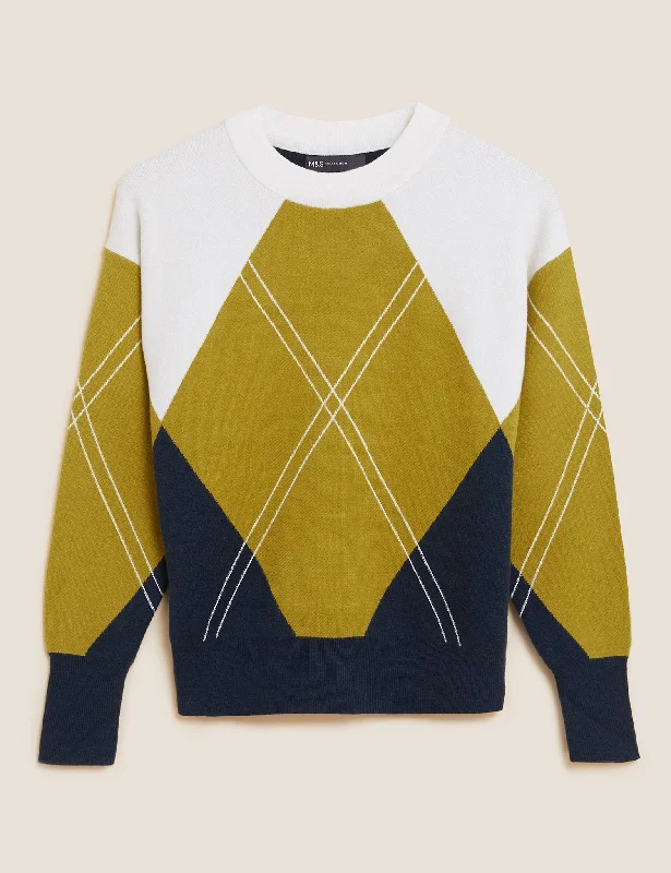 Soft Touch Argyle Crew Neck Relaxed Jumper