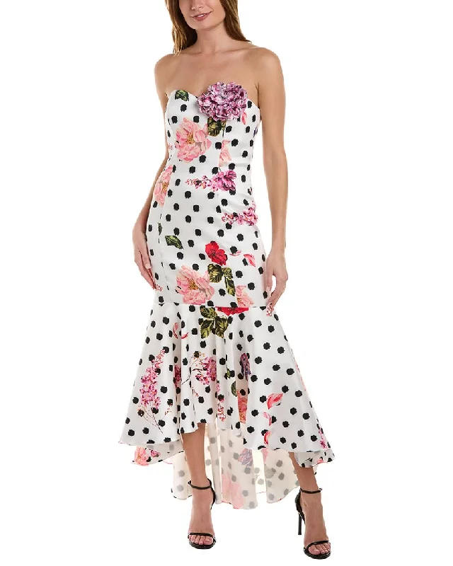 Marchesa Notte Strapless Polka Dot Midi Dress