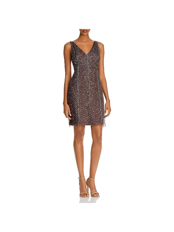 Womens Beaded V-Neck Cocktail Dress