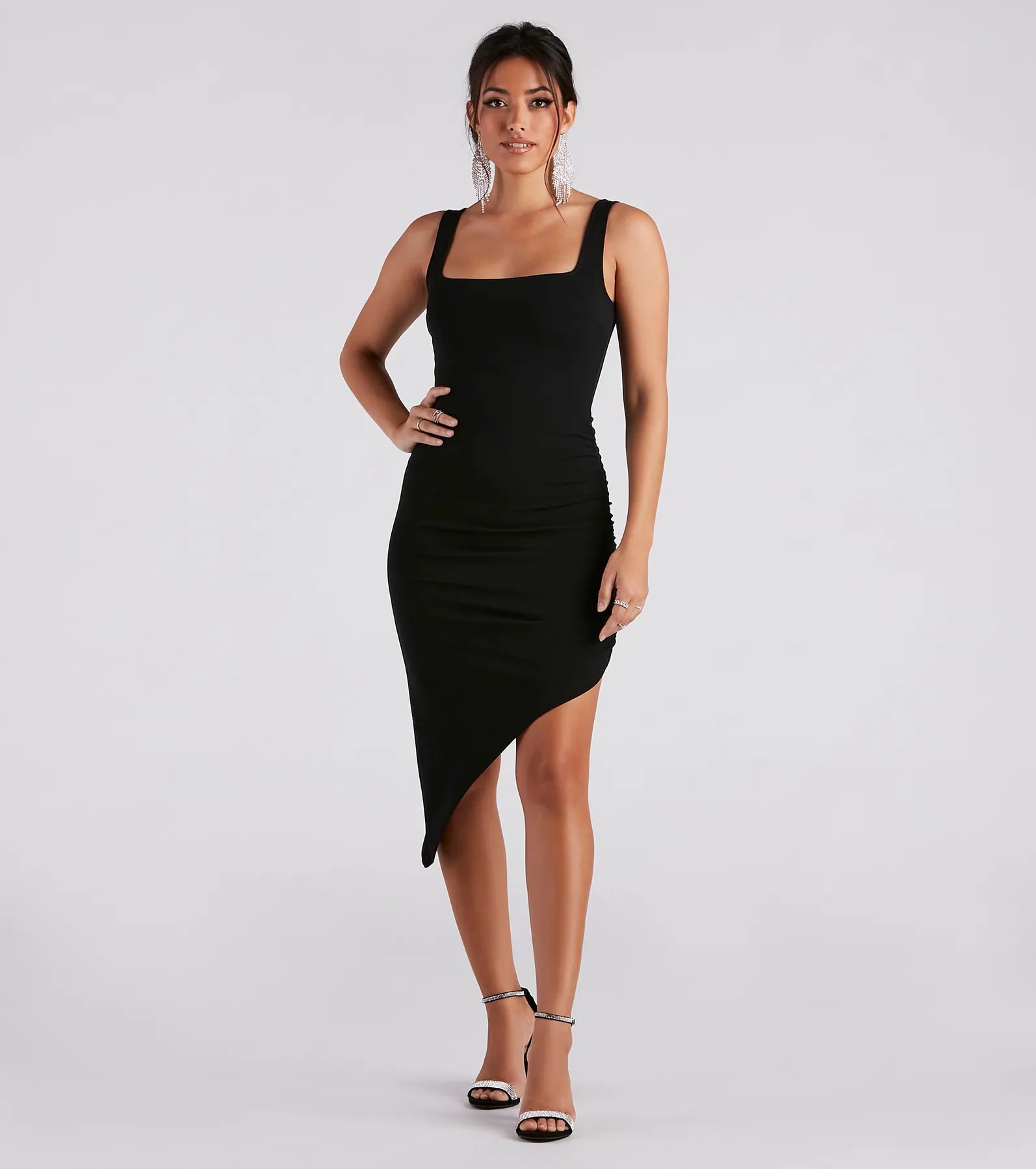 Sophisticated Hour Crepe Asymmetrical Midi Dress