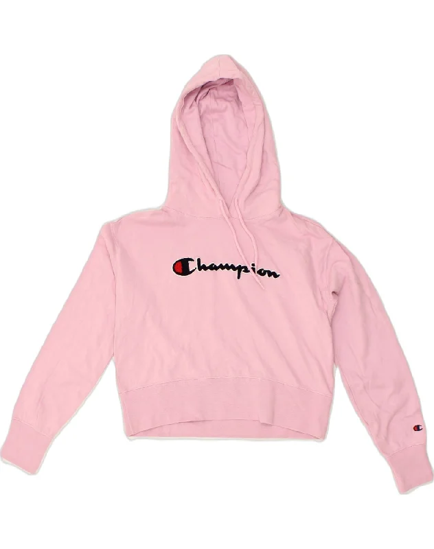 CHAMPION Womens Crop Graphic Hoodie Jumper UK 14 Medium Pink Cotton