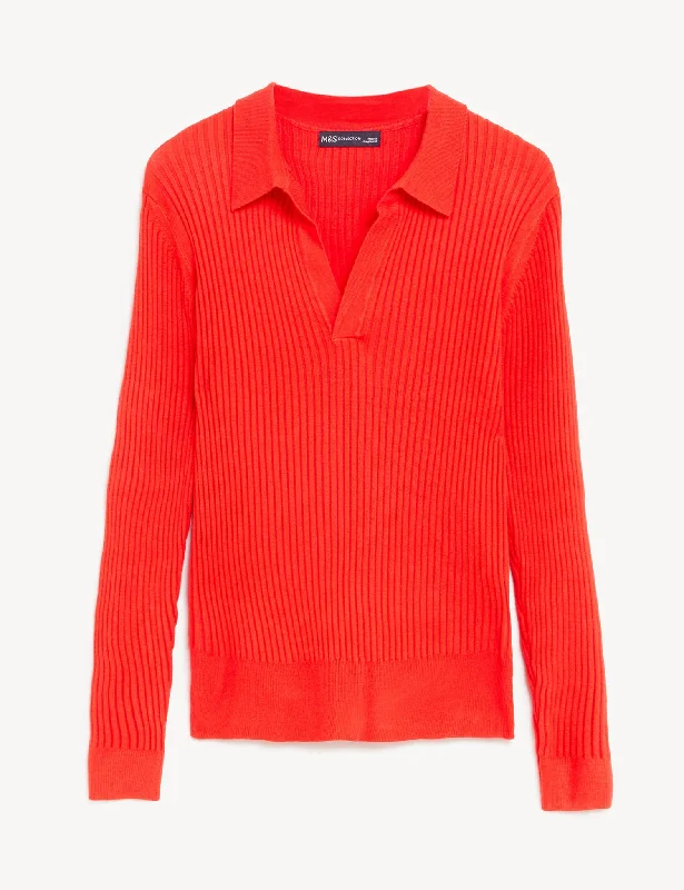 Ribbed Collared V-Neck Jumper