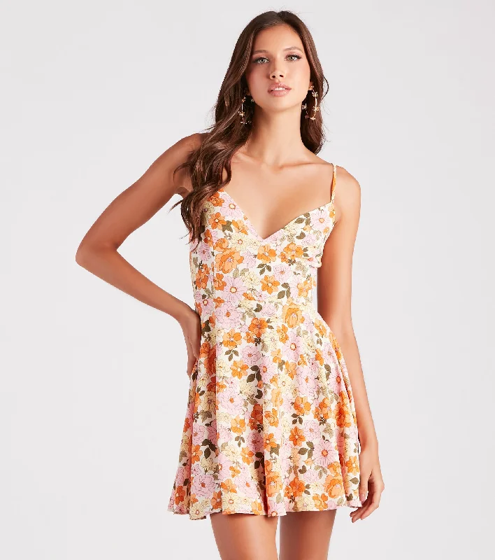 70s Groove Floral Tie-Back Skater Dress