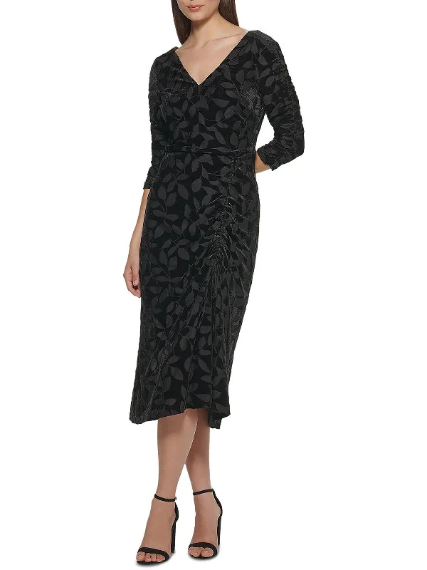 Womens Velvet Ruched Midi Dress