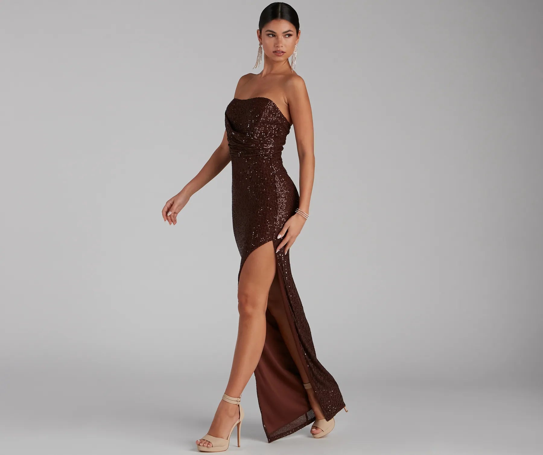 Sorella Sequin Wrap Slit Formal Dress