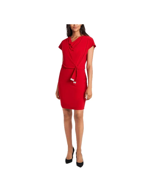 Womens Cowl Neck Embellished Sheath Dress