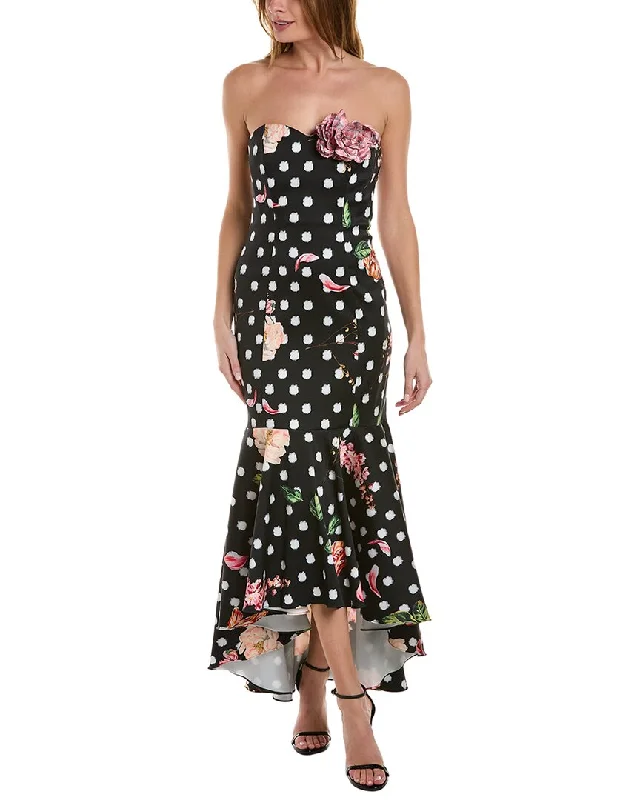 Marchesa Notte Strapless Polka Dot Midi Dress