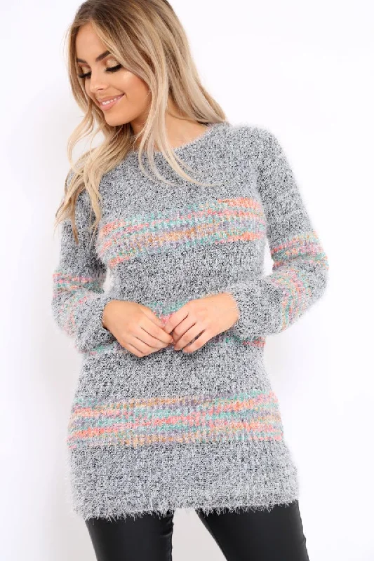 Grey Fur Knit Jumper with colourful stripe detail - Anabella