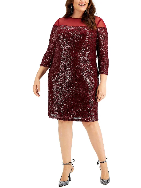 Plus Womens Sequined Illusion Yoke Cocktail and Party Dress