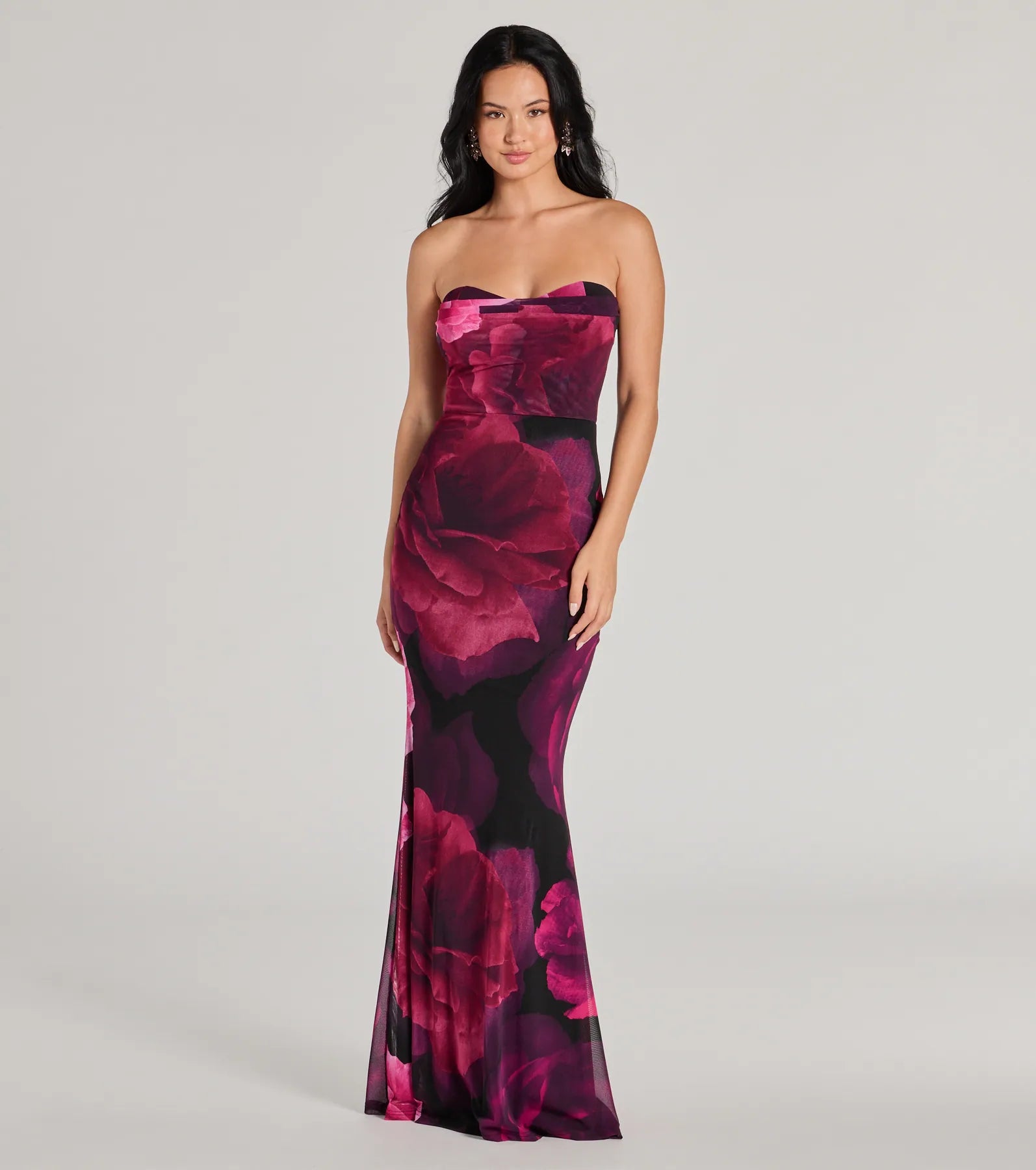 Julianna Floral Mesh Strapless Mermaid Dress