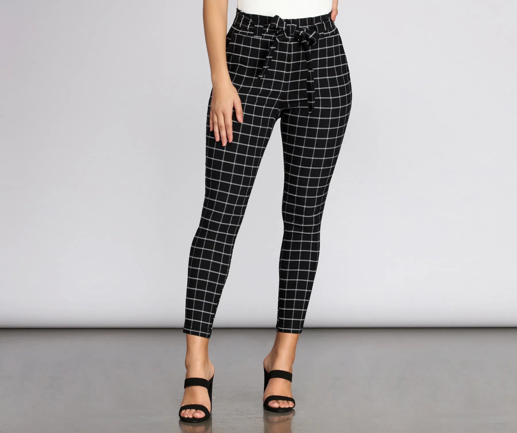 Plaid Paper Bag Tie Waist Skinny Pants