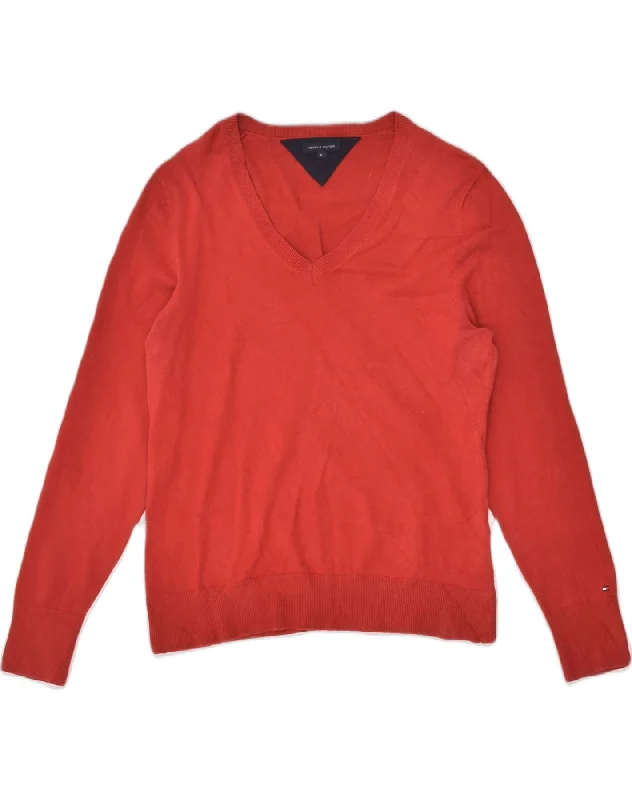 TOMMY HILFIGER Womens V-Neck Jumper Sweater XL Red Cotton