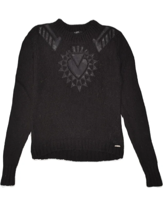 GUESS Womens Graphic Crew Neck Jumper Sweater UK 10 Small Black Acrylic