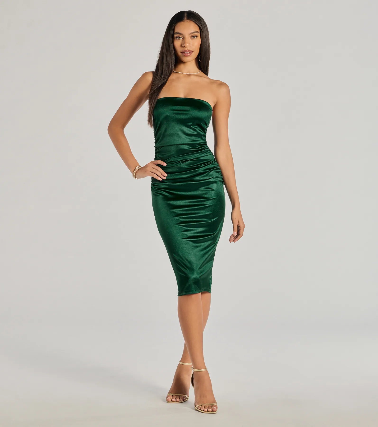 Luxe Sheen Strapless Ruched Satin Midi Dress