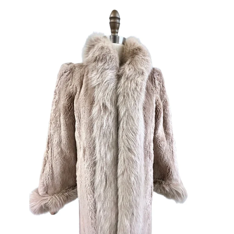 Exquisite Vintage Long Beige Blush Sheared Beaver Coat with Fox Trim  Women's Small