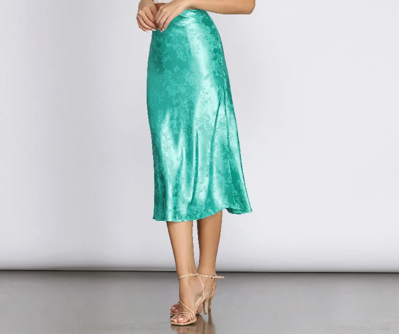 Embossed Floral Print Satin Midi Skirt