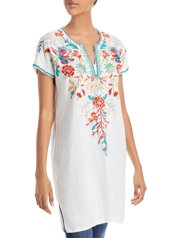 Ariel Womens Embroidered Linen Tunic Dress