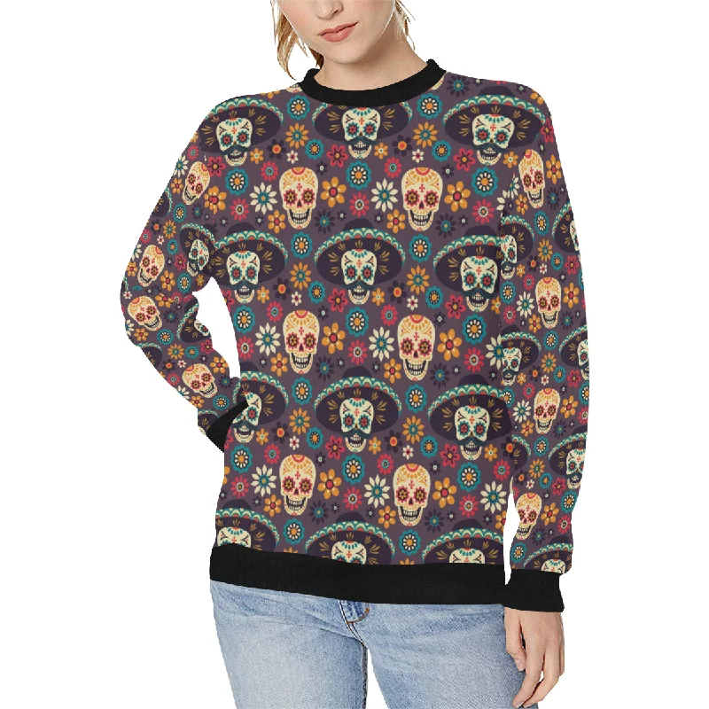 Sugar skulls flower maxican pattern Women's Crew Neck Sweatshirt