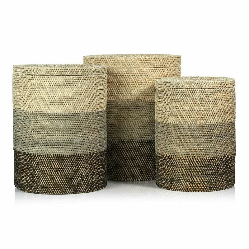 Bari Lidded Rattan Nested Baskets, Set of 3