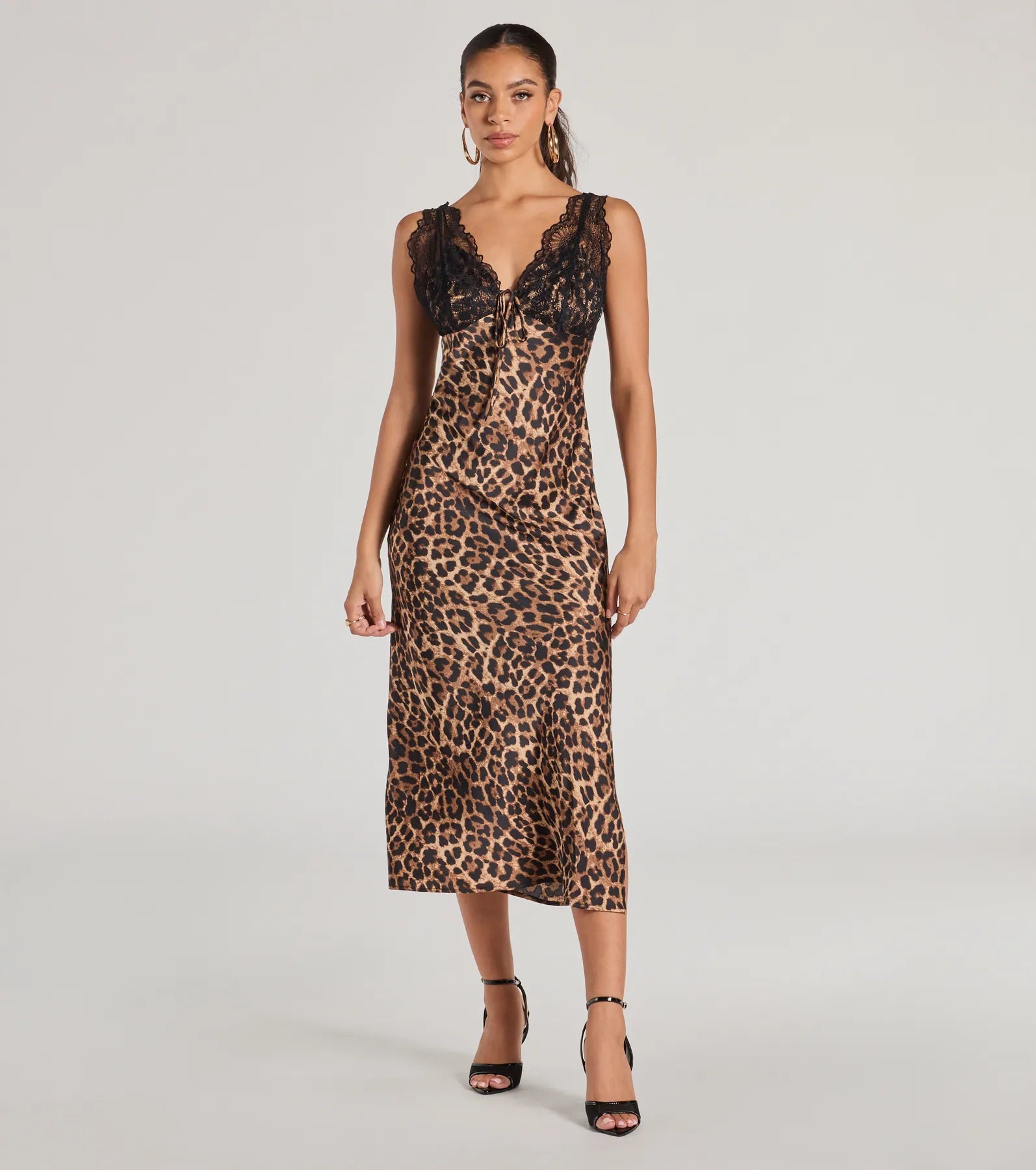 Sleek Leopard Print Lace And Satin Midi Dress