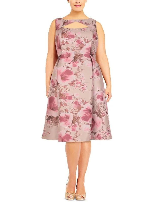 Plus Womens Floral Jacquard Fit & Flare Dress