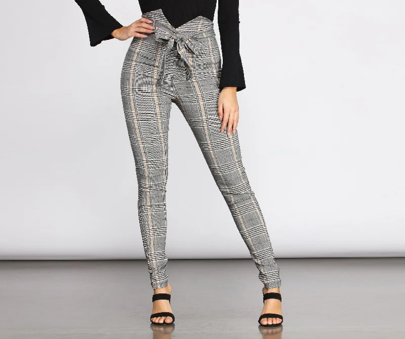 High Rise Tie Waist Plaid Skinny Pants