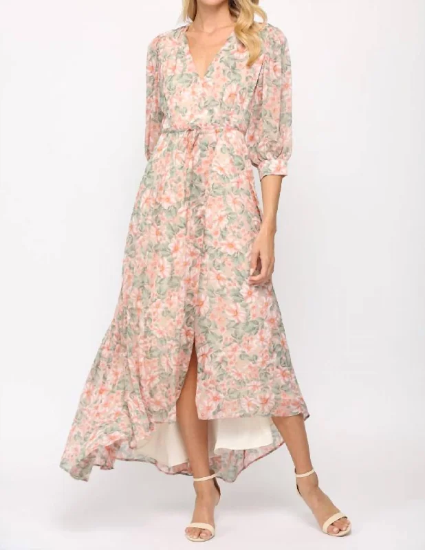 Floral Print Wrap Dress in Cream/Coral